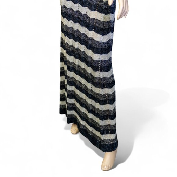 Vintage 70s Wenjilli Metallic Knit Maxi Dress * Navy & Silver Chevron Lurex - Picture 7 of 15